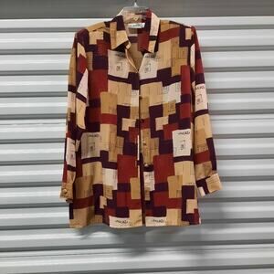 Vintage Liz Baker Shirt Women Large Red Gold Blouse Top Button Front
